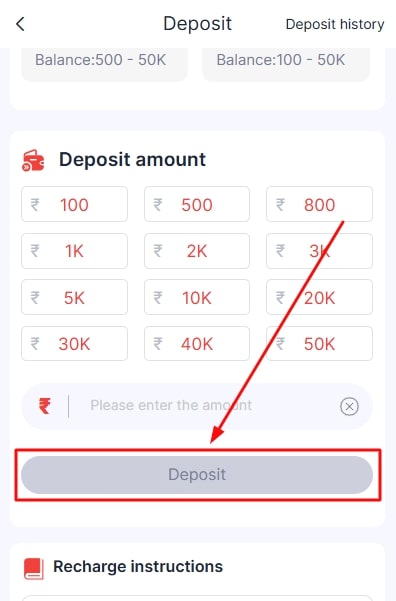 Click on the deposit button