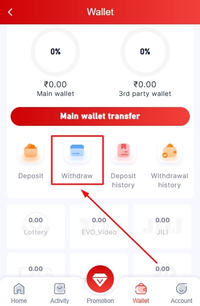 choose the withdraw option in the wallet section