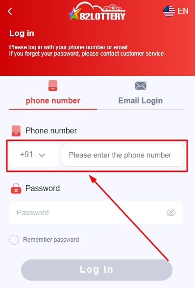 enter the registered phone number to login into 82 lottery app