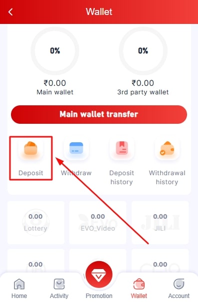 select the deposit option in the wallet section