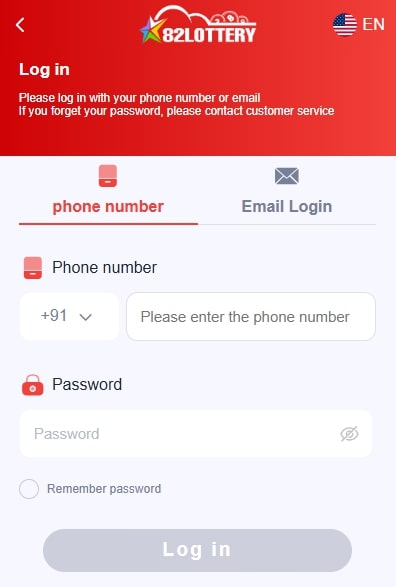 82 Lottery Login page